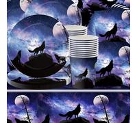 61 pezzi Notte scura Lonely Wolf Wald Party Set di stoviglie per feste, tema animale, misteriosa decorazione viola, decorazione per feste di compleanno, tavola da pranzo, porta carta, asciugamani