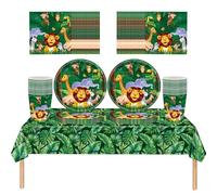 61 pezzi Set di stoviglie a tema animali della foresta, feste di compleanno per bambini, comprensivo di bicchieri, piatti, tovaglioli, tovaglie, festa a tema animali della giungla