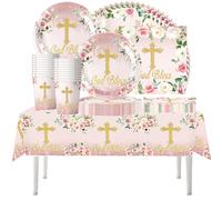 61 pezzi Set di stoviglie floreali per feste di comunione, articoli per feste di battesimo per neonati, feste di comunione, tazze, piatti, tovaglioli, tovaglie, per 20 ospiti