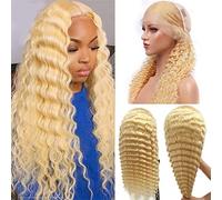 613 - Parrucca per capelli umani con onde profonde, 13 x 6, HD, trasparente con pizzo frontale per donna, con striscia profonda, pre-strappata 613, parrucca bionda con capelli per bambini, densità