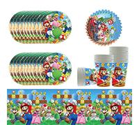 61Pcs Super Mario Birthday Party Tableware, Mario Party Supplies Paper Plate Set, Set incluso tovaglia Piatti Tazze Tovaglioli per Baby Shower, Matrimoni, Anniversario (20 ospiti)