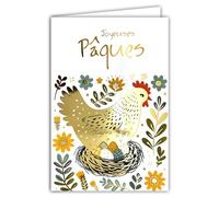 62-1028 - Biglietto di auguri di Pasqua allegra in oro dorato lucido, con busta, 12 x 17,5 cm, illustrazione gallina che cova uova dipinte a nido d'ape, decorazione di primavera, creazione di stampa,