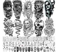 62 fogli di tatuaggi temporanei per Halloween, da uomo, lupo e leone, con braccio a scheletro 3D, realistico, adesivo per adulti, teschio, vampiro, tatuaggio finto da incollare su serpente fiore