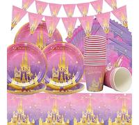 62 pezzi Bambini Set di Stoviglie per Compleanno,Doyomtoy Principesse per Festa di Complean Set Feste Piatti di Compleanno,Tazze,Tovaglioli,Tovaglie,Bandiera a triangolo Set di stoviglie Princess