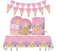 62 Stoviglie per la festa di compleanno del castello della principessa rosa, stoviglie per il compleanno dei bambini, festa di compleanno della ragazza, per 20 persone