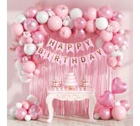 63 pezzi Set di decorazioni per compleanno rosa, inclusi palloncini bianchi perlati, palloncini rosa metallizzati, tenda di lamina, nappe, adatto per compleanni di bambini/bambine, festa di nascità, f