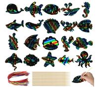 64 Pezzi Scratch Art Bambini, 20 Tipi Animali Marin Fogli da Grattare, Fogli Neri da Grattare Bambini con Penna di Bambù e Corda per Lavori Manuali, Compleanni, Regali per Feste