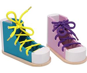 6475 Scarpe colorate da allacciare small foot in legno filettato e colorato, set da 2 in un design colorato, compreso il laccio da scarpe abbinato, dai 3 anni