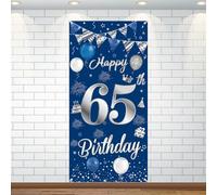 65 decorazioni di compleanno Happy 65th Birthday sfondo banner blu argento triangolo bandiera palloncini cabina sfondo deco per donne uomini 65 anni anniversario forniture per feste foto puntello, 180