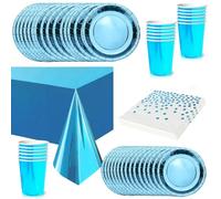 65 Pezzi Set Stoviglie per Feste Blu Foil,Piatti Tazze Asciugamani di Carta Tovaglia Plastica Stoviglie Monouso Biodegradabili,Decorazione Desktop per Feste di Compleanno,Picnic,Baby Shower
