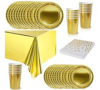 65 Pezzi Set Stoviglie per Feste Oro Foil,Piatti Tazze Asciugamani di Carta Tovaglia Plastica Stoviglie Monouso Biodegradabili,Decorazione Desktop per Feste di Compleanno,Picnic,Baby Shower