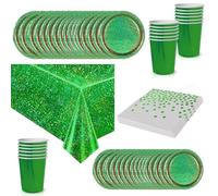 65 Pezzi Set Stoviglie per Feste Verde Foil,Piatti Tazze Asciugamani di Carta Tovaglia Plastica Stoviglie Monouso Biodegradabili,Decorazione Desktop per Feste di Compleanno,Picnic,Baby Shower