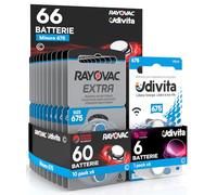 66 Batterie per Apparecchi Acustici Misura 675 PR44 Blu Zinco-Aria Phono Pulse Technology in 11 Blister da 6 Pile - 66 Batterie: 60 Rayovac + 6 Udivita