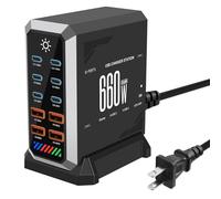 660W Caricatore USB Multiplo - 10 Porte (6 USB-C + 4 USB-A) con Ricarica Rapida, Stazione di Ricarica Compatta per Multi Dispositivi, Compatibile con MacBook, iPad, iPhone, Galaxy S22/S20, DELL, HP