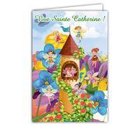 67-1077-B - Biglietto vivo di Santa Caterina per bambina - Fata Campanellino e le sue amiche Castello Magico Féérique - con busta bianca formato 12 x 17,5 cm - Interno bianco riservato alla scrittura