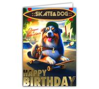 67-1269 - Carta annuale per cane, skateboard, testo in oro dorato lucido e busta, 12 x 17,5 cm, pastore australiano animale domestico con berretto collana medaglia skatepark passeggiata in un parco