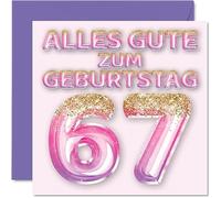 67. Biglietto di auguri per il compleanno di donne - Palloncini glitterati rosa e lilla - Tutto il meglio per le carte di compleanno per una donna di 67 anni, mamma, nonna, zia, 145mm