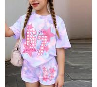 67 Colorato set a 2 pezzi con stampa a stelle tie-dye, stile K-Pop superstars, maglietta a maniche corte e pantaloncini casual minimalisti per ragazze giovani, adatto per l'estate, picnic all'aperto, 