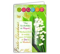 68-1047-B - Biglietto con busta gialla MUGUET porta-BONHORE 1° maggio in oro dorato lucido, bouquet 13 campanelle bianche, fiori di farfalle per feste primaverili