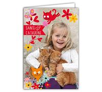 68-1094-A - Biglietto di auguri per la festa di Santa Catherina, 25 novembre, per una bambina di Sage Blonde, gatti, animali da compagnia, animali, fiori, farfalle, grazioso, messaggio, colore: rosso