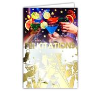 68-1199 - Biglietto per congratulazioni, in oro dorato lucido, con mani in aria, bicchieri colorati che trinccano, cocktail colorati, coppe flute, champagne + busta bianca, 12 x 17,5 cm, creazione di