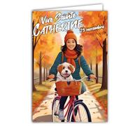 68-1341 Carta Viva Santa Caterina 25 novembre Augura buona festa a una giovane ragazza donna che ama camminare in bicicletta con il suo cane - Con Busta Bianca Formato 12x17cm - Fab. francese