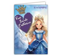 68-1344 - Carta viva di Santa Caterina 25 novembre Augura una buona festa a una bambina che ama le principesse Frozen Abito blu corona - con busta bianca 12 x 17 cm