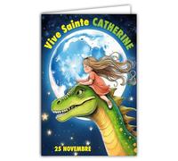 68-1347 Carta Viva Santa Caterina 25 novembre Augura una buona festa a una bambina sognante che sogna di andare nello spazio Luna Amico Dinosauro Verde - Con Busta Bianca 12 x 17 cm
