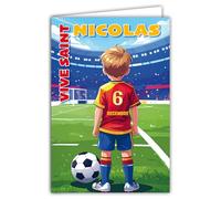 68-1366 - Biglietto di auguri di San Nicola 6 dicembre, per una buona festa a uno scolaro, ragazzo, calciatore, calcio, palla rotonda attaccante, campo obiettivo, con busta bianca, formato 12 x 17 cm