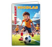 68-1367 - Biglietto di auguri di San Nicola 6 dicembre per una buona festa a uno scolaro, ragazzo, calciatore, calcio, palla rotonda attaccante, campo obiettivo, con busta bianca, formato 12 x 17 cm