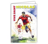 68-1368 - Biglietto di auguri di San Nicola 6 dicembre per una buona festa a un ragazzo, giovane uomo, calciatore, calcio, palla rotonda attaccante, campo obiettivo, con busta bianca, formato 12 x 17