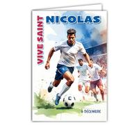 68-1369 - Biglietto di auguri di San Nicola 6 dicembre per una buona festa a un ragazzo, giovane uomo, calciatore, calcio, palla rotonda attaccante, campo obiettivo, con busta bianca, formato 12 x 17
