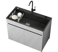 68/80 CM Lavabo Indipendente in Acciaio Inox con Rubinetto e Tubi Dell'acqua Calda e Fredda, Lavello da Cucina con Armadio Contenitore e Scolapiatti per Esterni, Interni