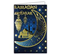 68-9002 - Biglietto Ramadan Mubarak in oro dorato brillante musulmani mese san digiuno Laylat al-Qadr Eid el-Fitr Festa islamica Crescente Luna Pilastri Moschea Lanterna Busta Bianca Formato 17,5 x 12 cm AFIE