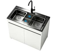 68cm Lavello industriale con mobile grigio scuro e vaschetta, acciaio | Qualità durevole per officina e cantina; Kit completo con vaschetta mobile, rubinetto, tubo di scarico e troppopieno