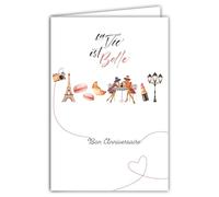69-4511 - Biglietto di compleanno Le Vie est Belle in rosa, per ragazza, donna, elegante, Torre Eiffel Paris Macarons Croissant - Rossetto illustrazione, con busta, formato 12 x 17 cm, prodotto in