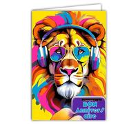 69-8162 - Carta FLUO Buon ANNIVERSARIO Pop Art multicolore con occhiali da sole, cuffie audio per smartphone, animali africani, con busta bianca, 12 x 17,5 cm, creazione di qualità francese