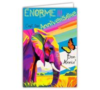 69-8163 - Biglietto di auguri con elefante e farfalla arcobaleno, pop art, multicolore, con busta bianca, 12 x 17,5 cm, realizzato in francese