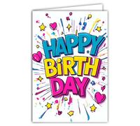 69-8169 - Biglietto di auguri di compleanno, multicolore, colori vivaci dell'arcobaleno, in stile fumetti, con cuori rosa, stelle gialle, con busta bianca, 12 x 17,5 cm, realizzato in qualità francese