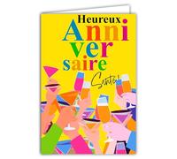 69-8180 - Biglietto di auguri felice anno nuovo, con mani in aria che Trincano con fluti, coppe da cocktail, champagne, pop art, con busta bianca, 12 x 17,5 cm, realizzato in qualità francese