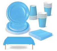 69 Pezzi Set Stoviglie per Feste Azzurro,Piatti Tazze Asciugamani di Carta Tovaglia Plastica Stoviglie Monouso Biodegradabili,Decorazione Desktop per Feste di Compleanno,Picnic,Baby Shower
