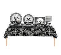 69 Pezzi Set Stoviglie per Feste di Halloween,Nero Piatti Tazze Asciugamani di Carta Tovaglia Plastica Stoviglie Monouso Biodegradabili,Decorazione Desktop per Feste di Compleanno,Halloween