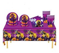 69 Pezzi Set Stoviglie per Feste,Piatti Tazze Asciugamani di Carta Tovaglia Plastica Stoviglie Usa e Getta,Strega Biodegradabili Set Piatti Usa e Getta Violetta Decorazione Desktop per Feste Halloween