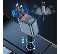 69W Retrattile Caricabatterie Auto Caricatore Auto USB Ricarica Rapido 2 Cavi Retrattili e 2 Porte USB, Presa USB Auto Accendisigari compatibile con iPhone 15 14/13/12/11 Pro Max/iPad/Samsung/Xiaomi