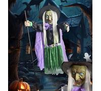 6FT Flying Witch Halloween Decor on Broom, Outdoor Floating Scary Animatronics Props, Voice Activated Lighted Eyes Hovering Witchs Decors for Cosplay Party Yard Home