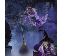 6FT Flying Witch Halloween Decor on Broom, Outdoor Floating Scary Animatronics Props, Voice Activated Lighted Eyes Hovering Witchs Decors for Cosplay Party Yard Home