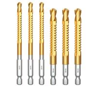 6pc Hex Shank Woodworking Serrated Twist Drill Bit Set - 6mm & 8mm | 6-Piece Set (3x 6mm, 3x 8mm) | Titanium-Coated High-Speed Steel | Hex Shank Serrated Spiral Drill Bits For Wood, Metal