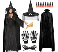 6PCS Accessori per Costume Strega Donna Halloween - Mantello, Cappello, Guanti Scheletro, Occhiali, Dita e Naso - Per Cosplay