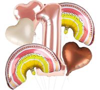 6pcs Boho Rainbow Balloon, 40" Rose Gold One Year Old Balloon Set for First Birthday, Boho Birthday Decorations, Rainbow Heart Foil Helium Balloons