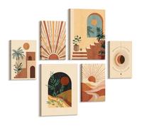 6Pcs Boho Terracotta Natura Paesaggio Quadri Moderni Con Cornice, Minimalista Linee Sole Stampe Da Parete Astratto Scale Vegetazione Montagne Quadro Stampa Su Tela Decor per Soggiorno Camera Da Letto